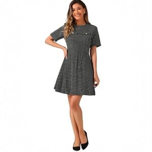 NWT Allegra K Plaid Tweed vintage style madmen short sleeve black dress Sz M